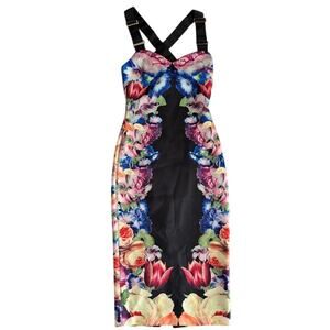 Ted Baker London Floral Bodycon Dress Sz 1 (US 4) | Cross-Back Gold Zip